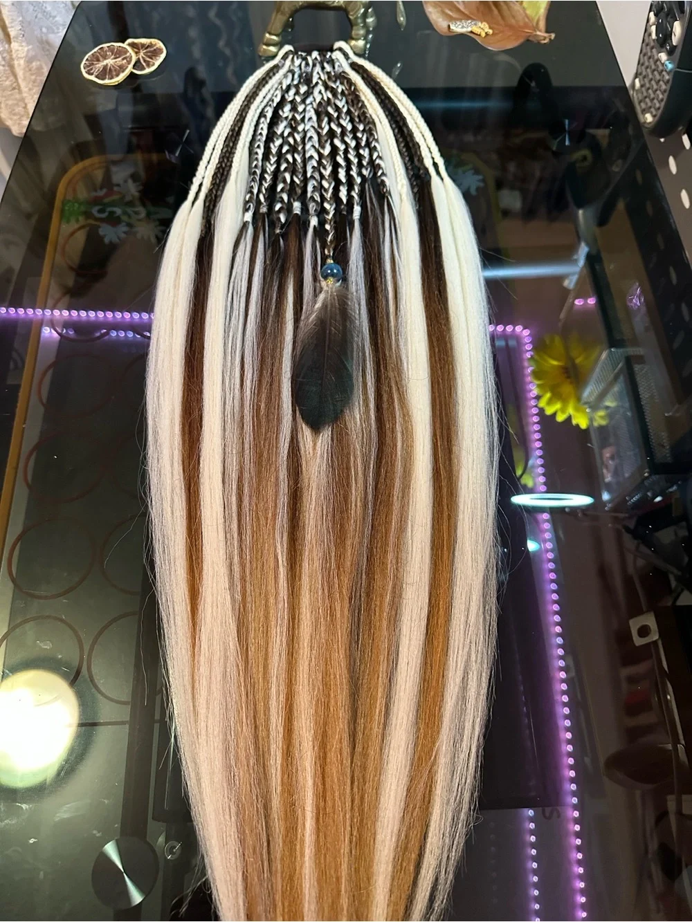 Brown and Platinum Blonde Braided Hair Wraps with Bead Accent